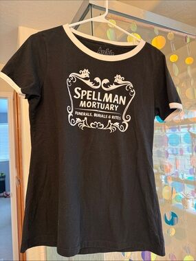Archie Black Ringer Tee with White Spellman Mortuary Graphic SZ XL